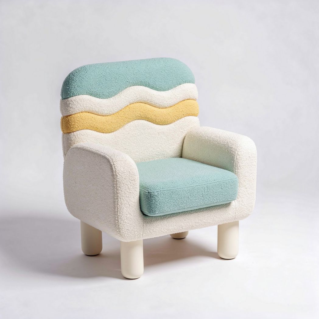 Fauteuil confortable en tissu bouclette blanc et bleu de dimensions 70 x 70 x 80cm