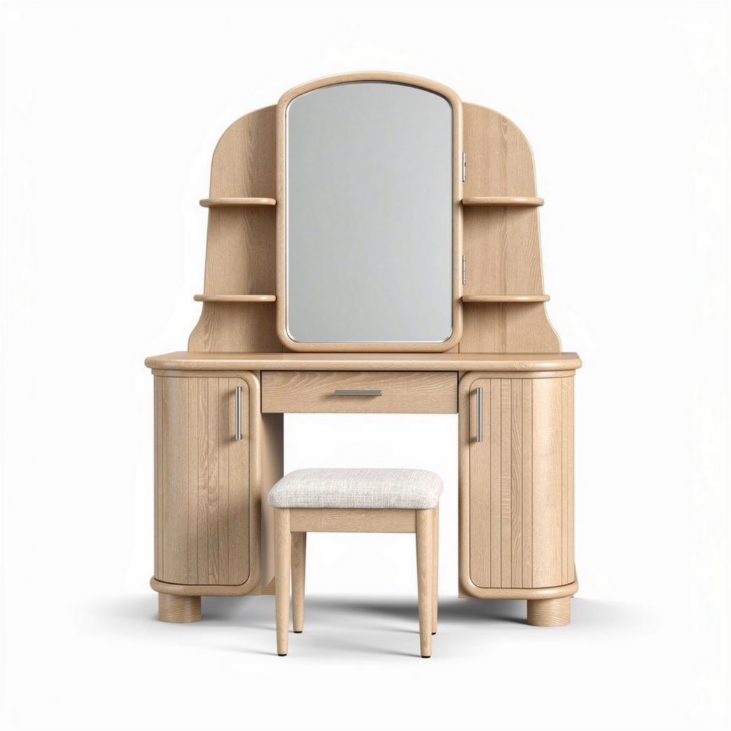 Coiffeuse en bois naturel avec miroir et tabouret de 90 x 40 x 150cm