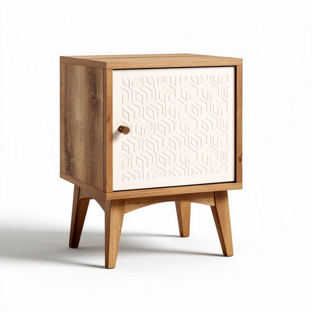 Table de chevet en bois avec porte blanche décorée dimensions 45 x 45 x 60cm