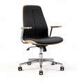 Chaise de bureau en tissu noir avec accoudoirs en bois et base en métal chromé
