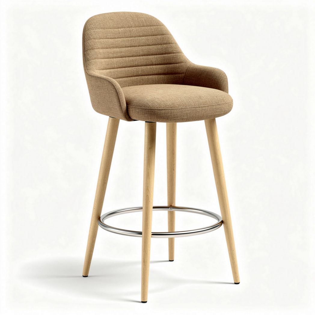 Tabouret de bar en tissu beige avec pieds en bois de hêtre 45 x 45 x 100cm