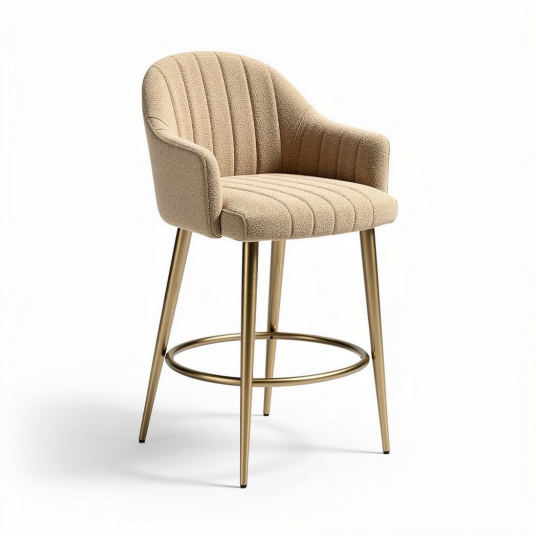Tabouret de bar en tissu beige avec accoudoirs et structure dorée 45 x 50 x 95cm