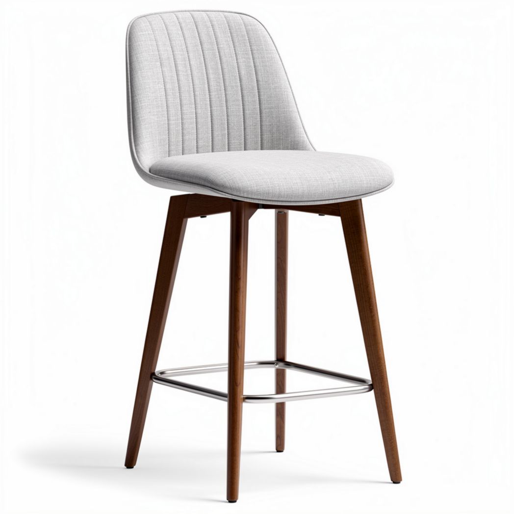 Tabouret de bar en tissu gris avec pieds en bois et structure en métal 45 x 45 x 100cm